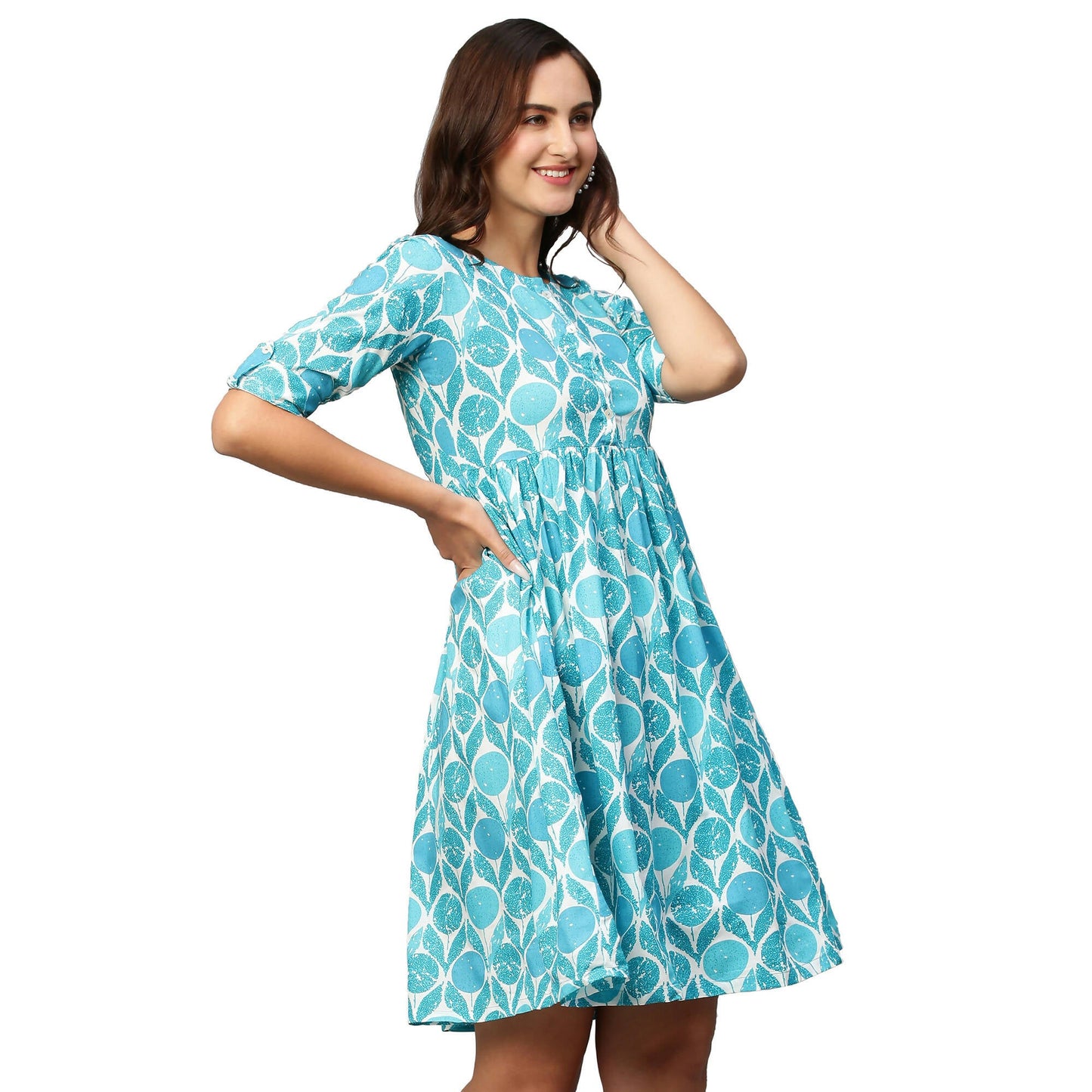 Blue & White Ethnic Motifs Printed Cotton A-Line Dress - Poonam