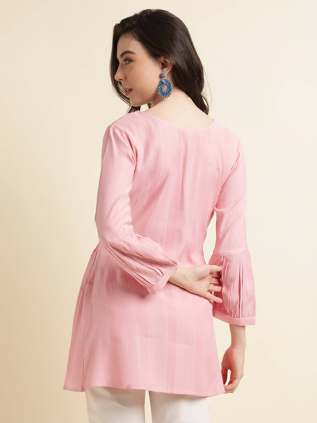 Pink Viscose Rayon Yoke Embroidered A-line Top - Tarini - Swadesiicart