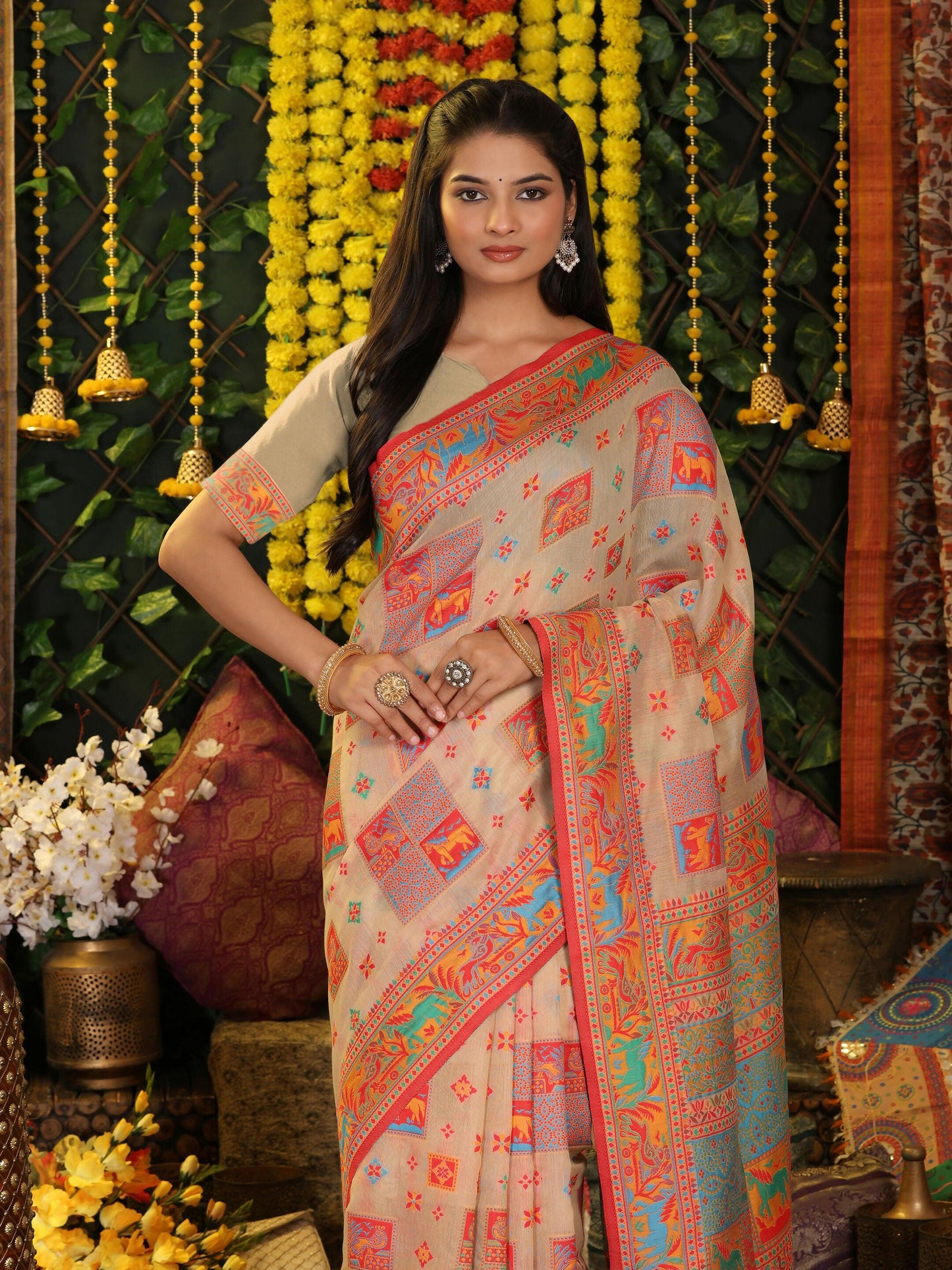 Shree Shyam Fashion Linen Cotton Off White Saree