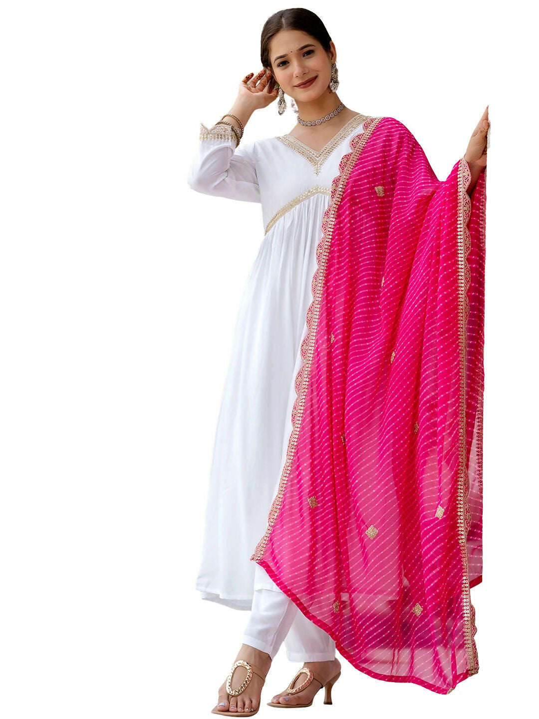 The52 White Women's Gorgeous Embroidered Chanderi Fabric Straight Kurta, Pant and Dupatta Set - Swadesiicart