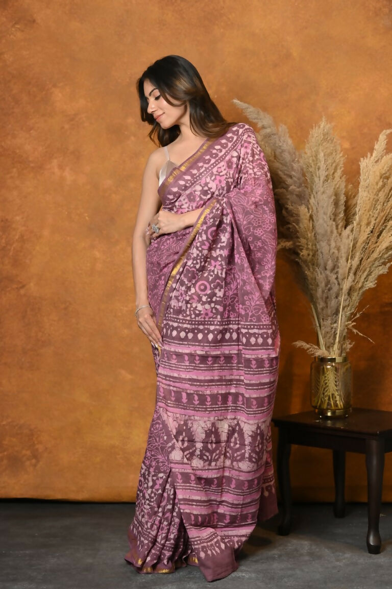 Very Much Indian Handblock Printed Cotton Saree With Natural Dyes - Pink | Swadesiicart