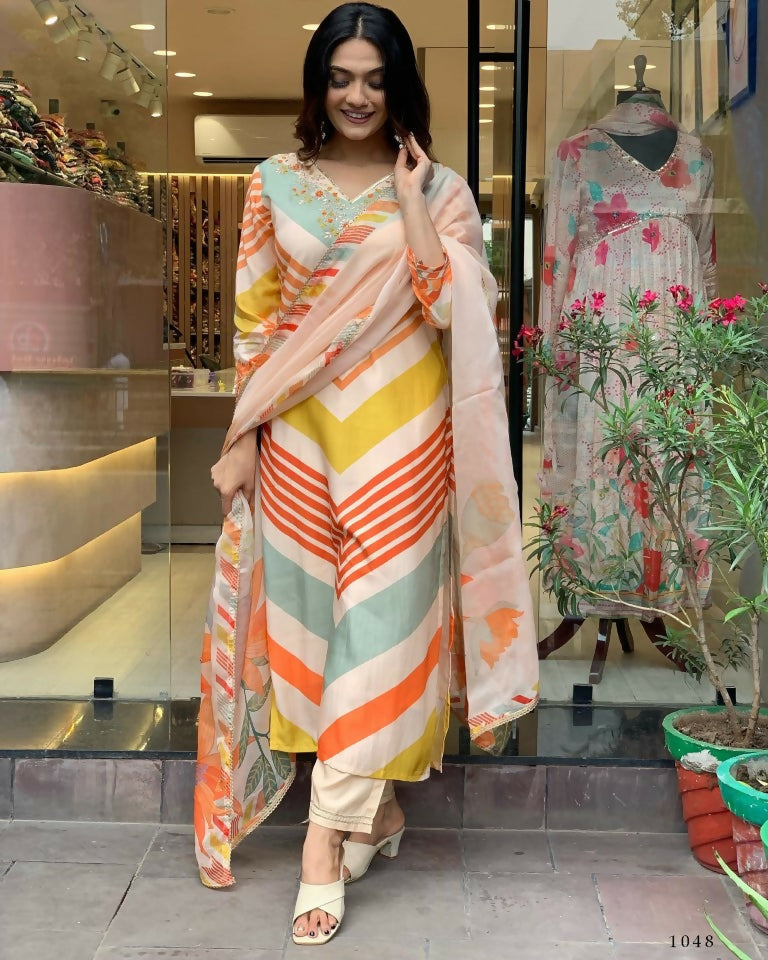 Partywear Designer Maslin Multi Stitched Suit With Dupatta - Tanisha | Swadesiicart