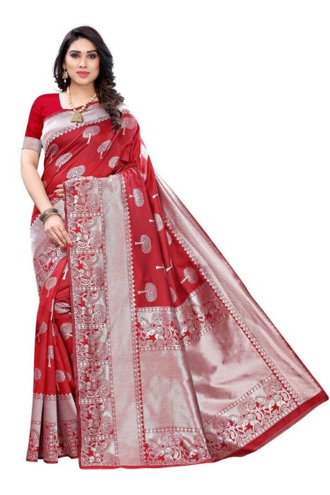 Vamika Banarasi Jacquard Weaving Red Saree (AMEE RED) | Swadesiicart