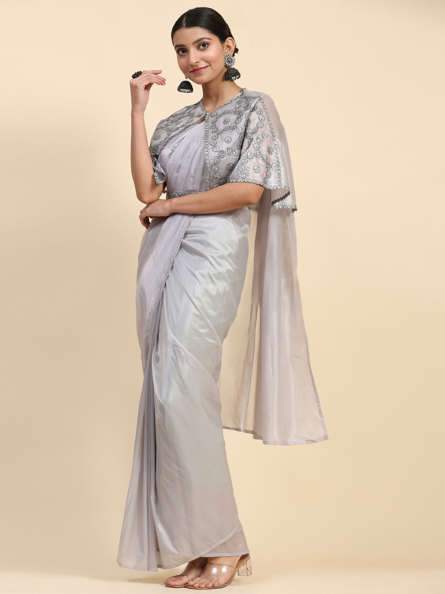 Grey Satin Solid Ready to wear Saree with stitched Blouse - Vanita | Swadesiicart