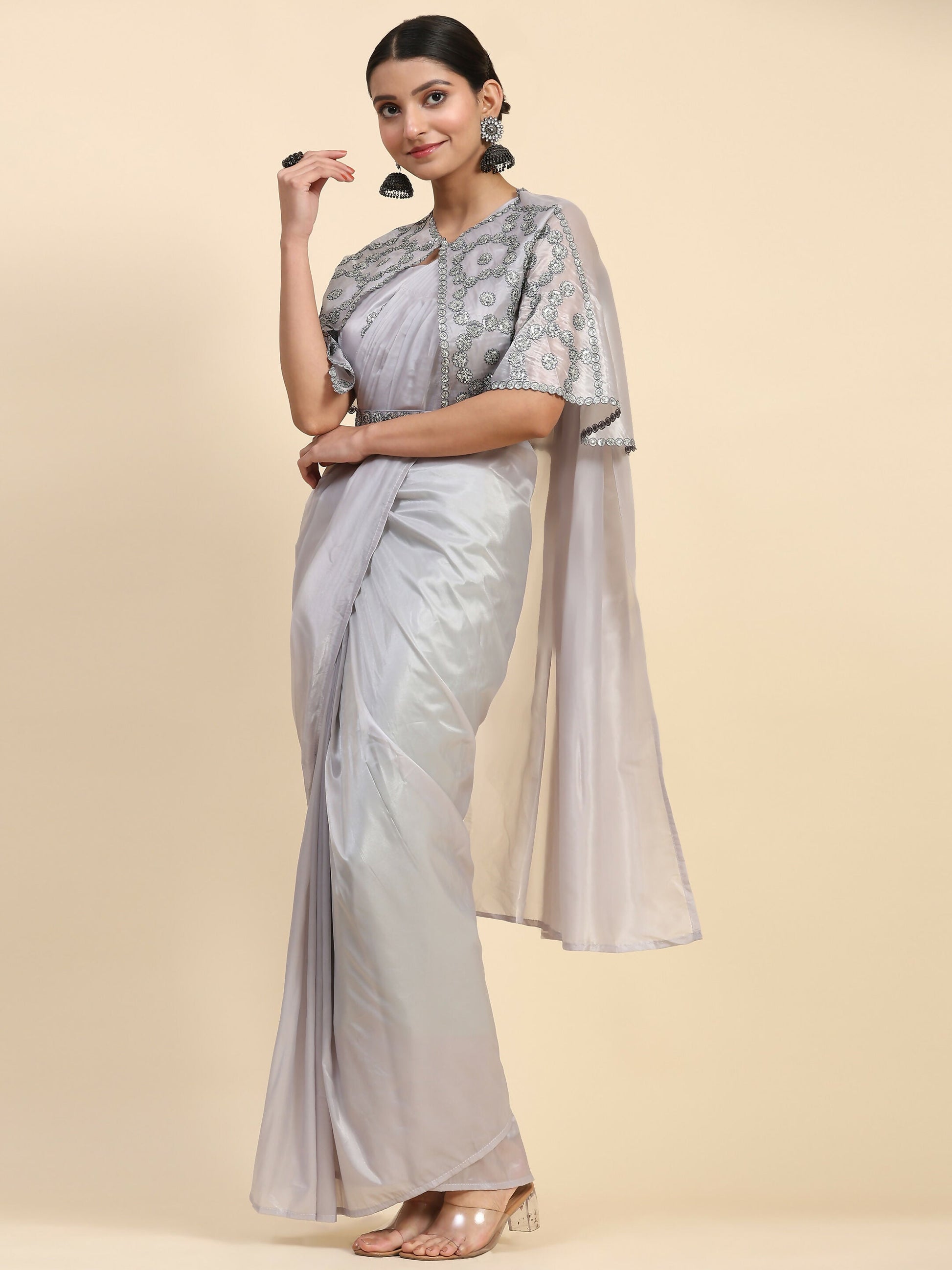 Grey Satin Solid Ready to wear Saree with stitched Blouse - Vanita | Swadesiicart