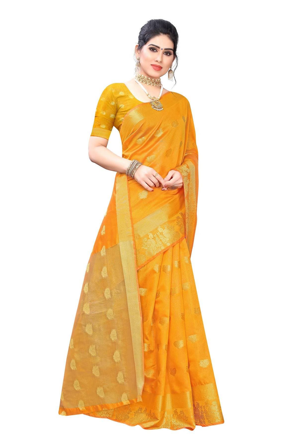 Vamika Banarasi Jacquard Weaving Yellow Saree | Swadesiicart