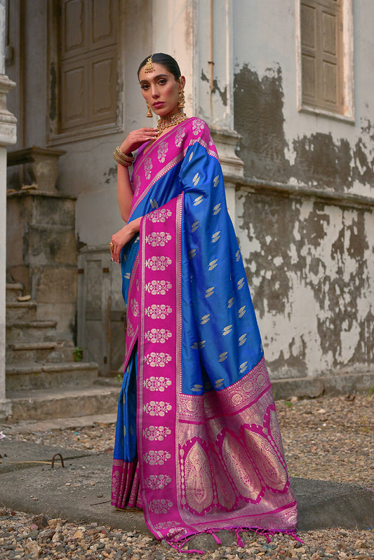 Vishnu Weaves Women's Firozi Kanchi Silk Woven Saree with Blouse - Swadesiicart