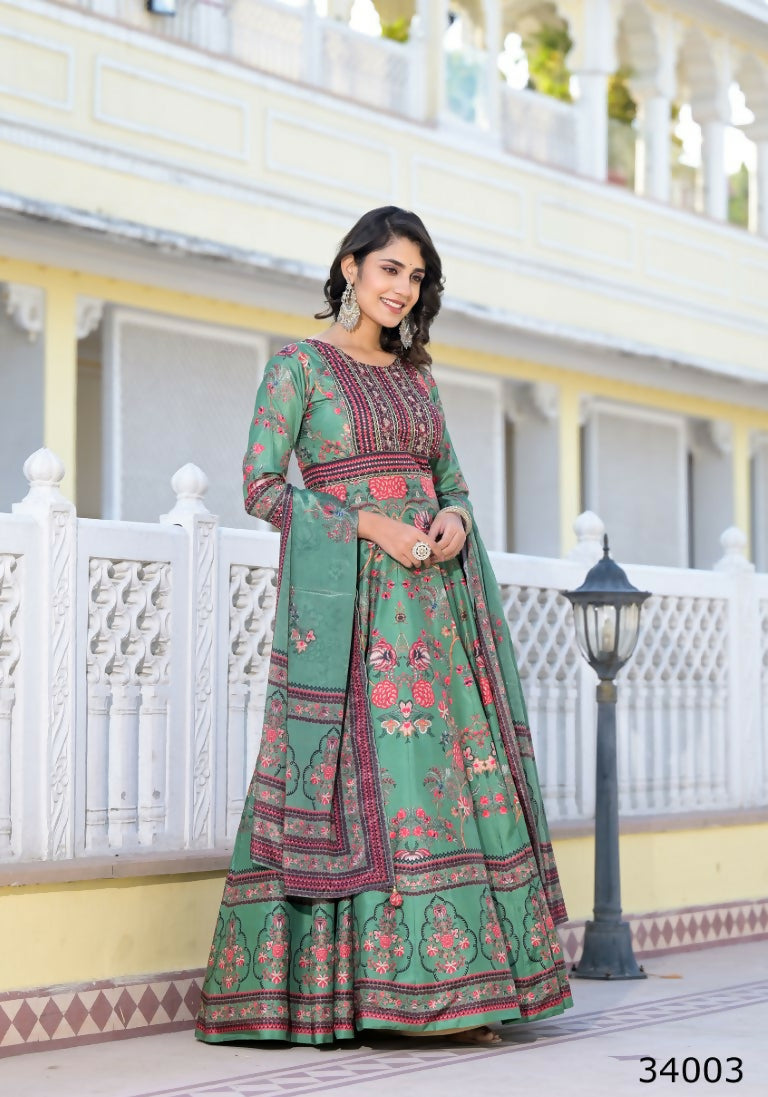 Partywear Designer parrot Dola Silk Anarkali suit with Dupatta - Suzen - Swadesiicart