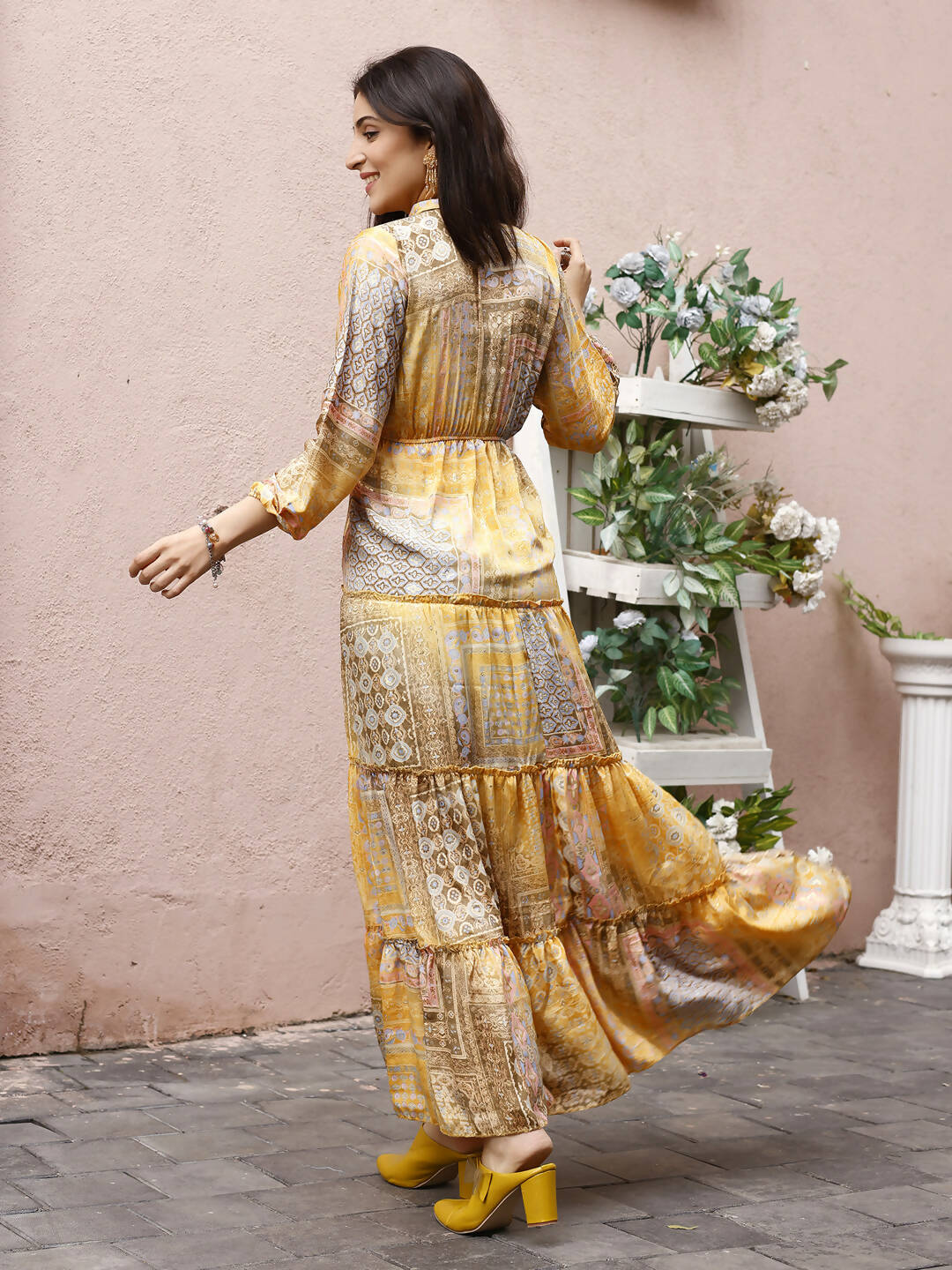 Mustard Crepe Foil Printed Long Dress - Michan | Swadesiicart