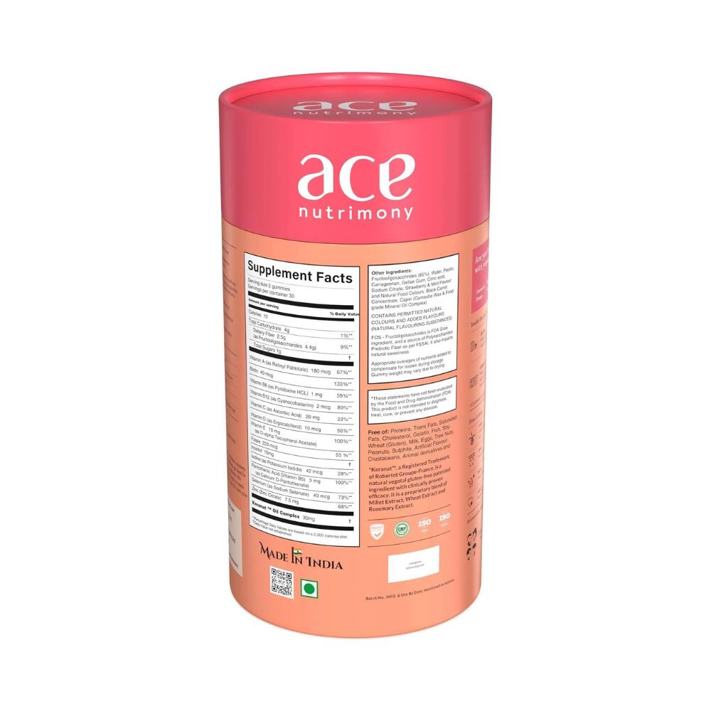 Ace Nutrimony Biotin Balanced Beauty Hair Gummies for Skin and Nails with Clinically Proven Keranat, Biotin - Strawberry | Swadesiicart