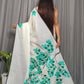 Exclusive Collection Beautiful White Green Pure Cotton Hand Print Handloom Saree With Running Blouse Piece - Swadesiicart