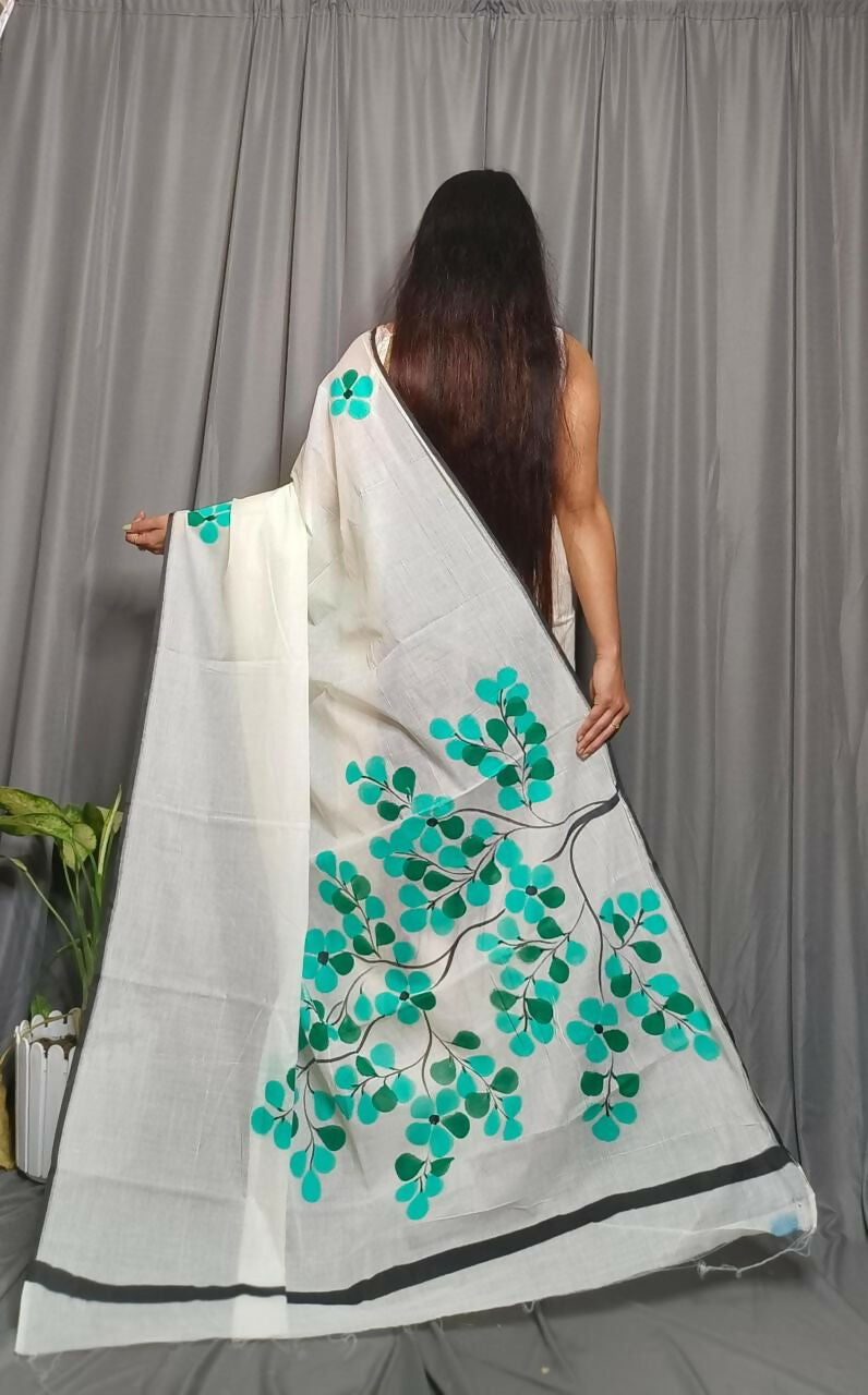 Exclusive Collection Beautiful White Green Pure Cotton Hand Print Handloom Saree With Running Blouse Piece - Swadesiicart