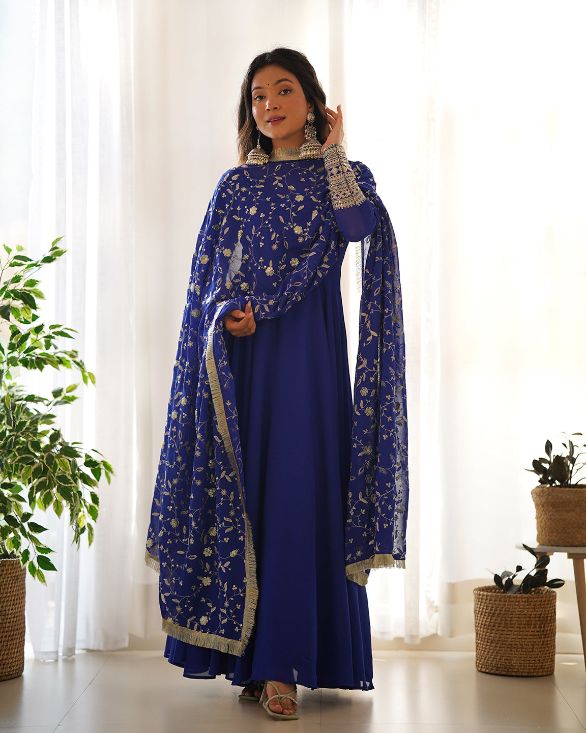 Lorenvalley Fashion Women Georgette Anarkali Gown Duppta Full Set With Pent Ready To Wear - Blue | Swadesiicart