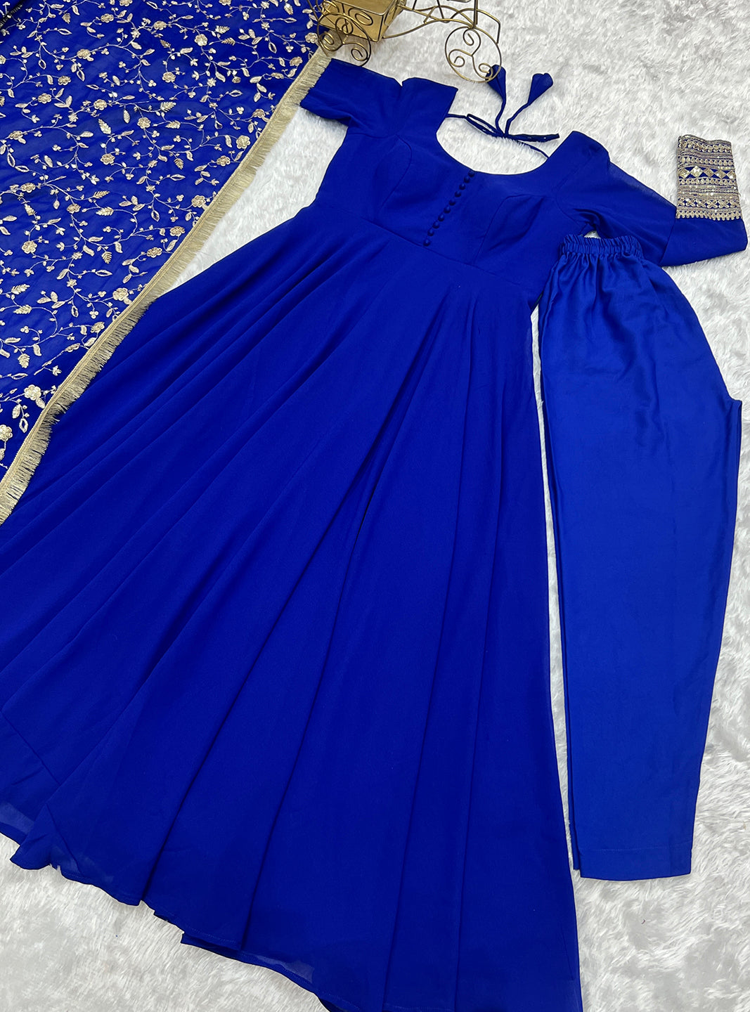 Lorenvalley Fashion Women Georgette Anarkali Gown Duppta Full Set With Pent Ready To Wear - Blue | Swadesiicart