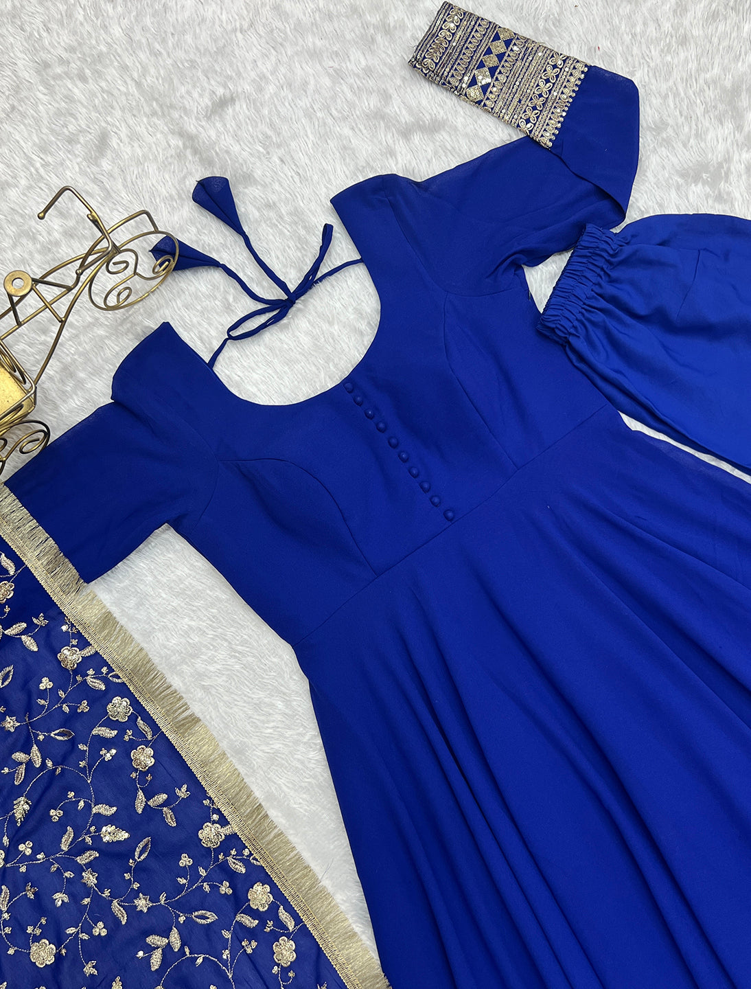 Lorenvalley Fashion Women Georgette Anarkali Gown Duppta Full Set With Pent Ready To Wear - Blue | Swadesiicart