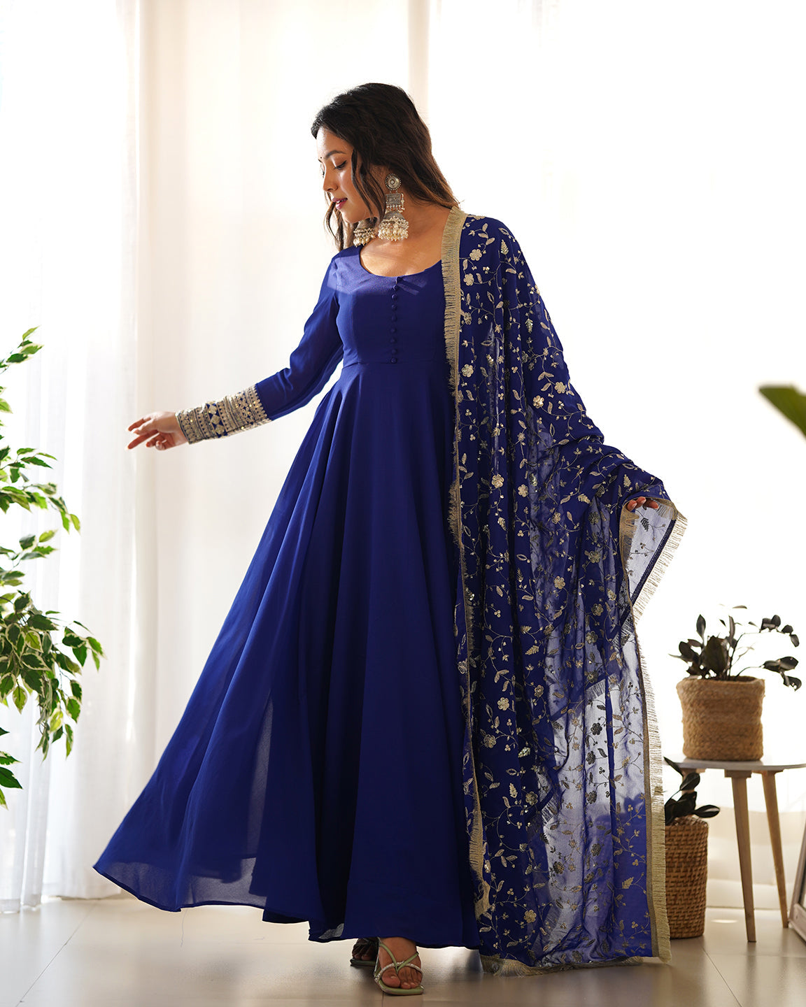 Lorenvalley Fashion Women Georgette Anarkali Gown Duppta Full Set With Pent Ready To Wear - Blue | Swadesiicart