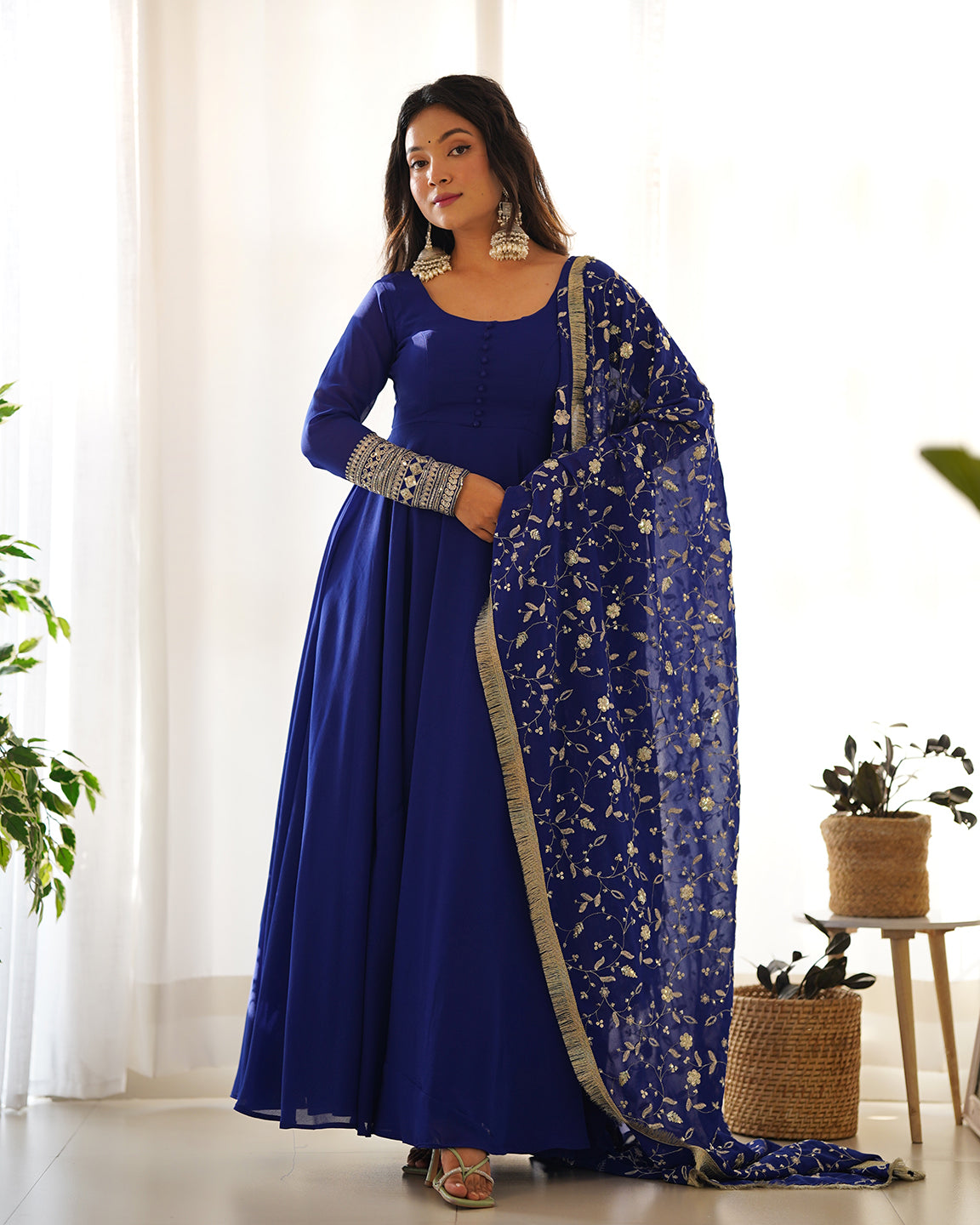 Lorenvalley Fashion Women Georgette Anarkali Gown Duppta Full Set With Pent Ready To Wear - Blue | Swadesiicart