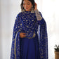 Lorenvalley Fashion Women Georgette Anarkali Gown Duppta Full Set With Pent Ready To Wear - Blue | Swadesiicart
