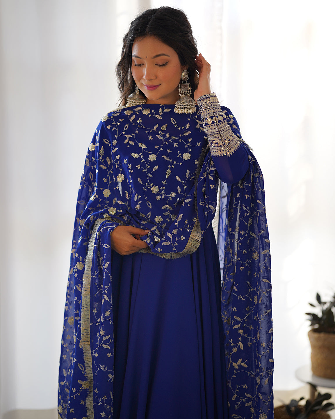 Lorenvalley Fashion Women Georgette Anarkali Gown Duppta Full Set With Pent Ready To Wear - Blue | Swadesiicart