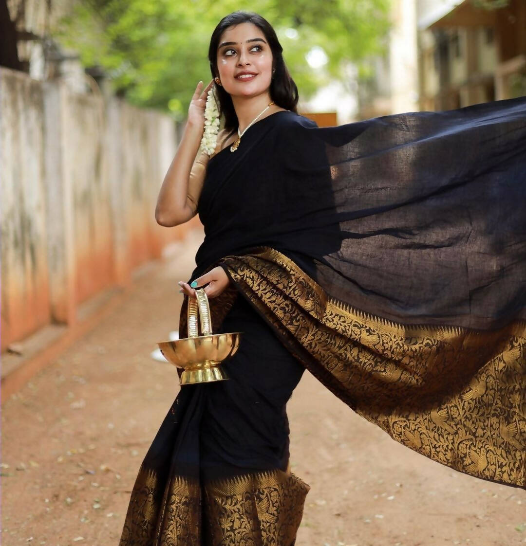 DEIANA'S Beautiful Designer Golden zari Soft Lichi Silk Saree - Black - Swadesiicart