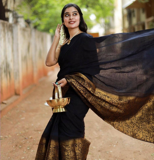 DEIANA'S Beautiful Designer Golden zari Soft Lichi Silk Saree - Black - Swadesiicart