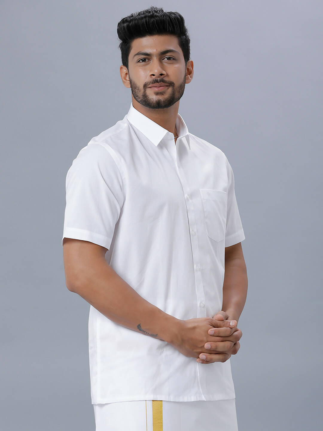 Ramraj Cotton Mens Half Sleeve Formal Poly Cotton White Shirt | Swadesiicart