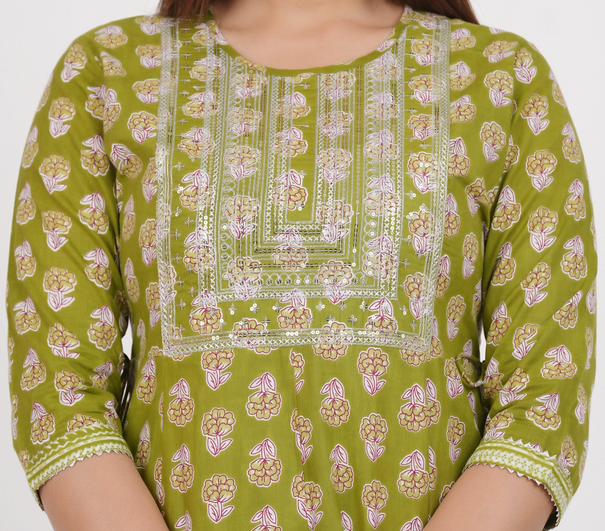 House of RP Women's Green Cotton Floral Yoke Embroidered Anarkali Kurta & Pant Set | Swadesiicart