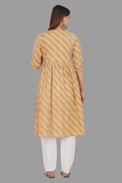 House of RP Women's Yellow Cotton Laheriya Print Embroidered Flared Kurta | Swadesiicart