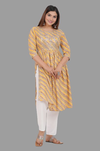 House of RP Women's Yellow Cotton Laheriya Print Embroidered Flared Kurta | Swadesiicart