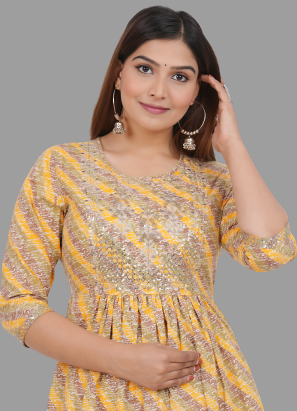 House of RP Women's Yellow Cotton Laheriya Print Embroidered Flared Kurta | Swadesiicart