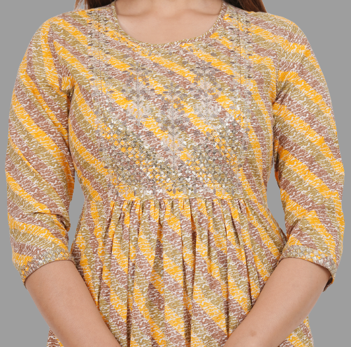 House of RP Women's Yellow Cotton Laheriya Print Embroidered Flared Kurta | Swadesiicart