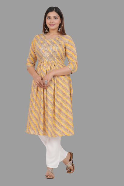House of RP Women's Yellow Cotton Laheriya Print Embroidered Flared Kurta | Swadesiicart