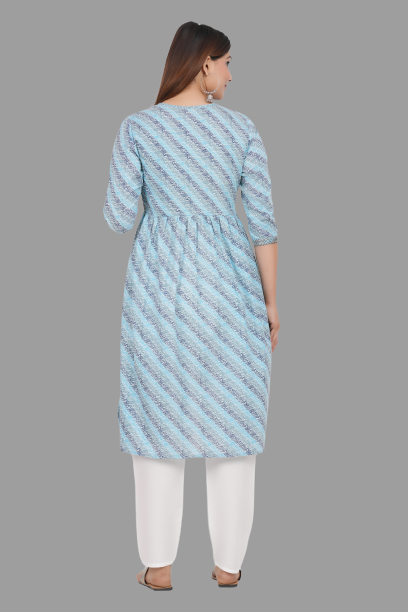 House of RP Women's SkyBlue Cotton Laheriya Print Embroidered Flared Kurta | Swadesiicart