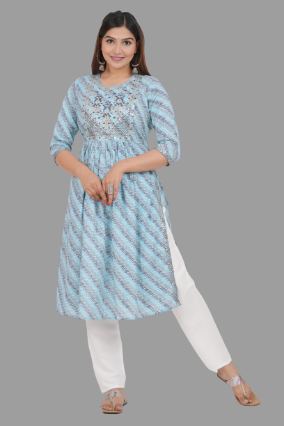 House of RP Women's SkyBlue Cotton Laheriya Print Embroidered Flared Kurta | Swadesiicart