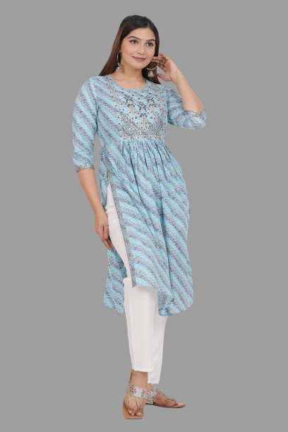 House of RP Women's SkyBlue Cotton Laheriya Print Embroidered Flared Kurta | Swadesiicart