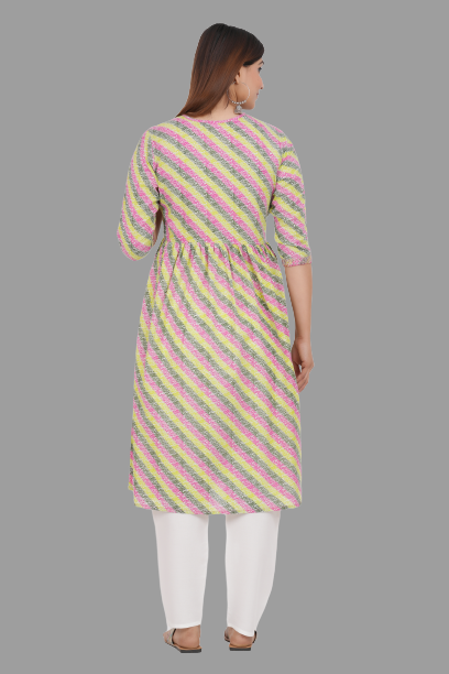 House of RP Women's Light Green Cotton Laheriya Print Embroidered Flared Kurta | Swadesiicart