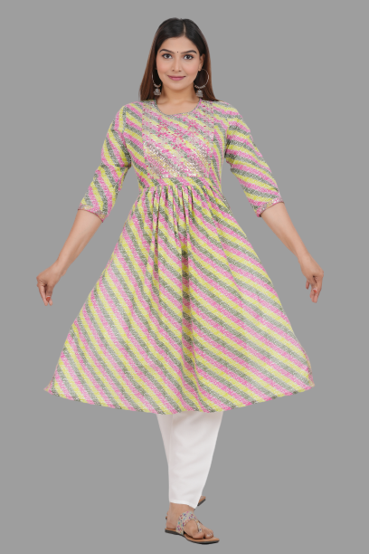 House of RP Women's Light Green Cotton Laheriya Print Embroidered Flared Kurta | Swadesiicart