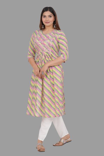 House of RP Women's Light Green Cotton Laheriya Print Embroidered Flared Kurta | Swadesiicart