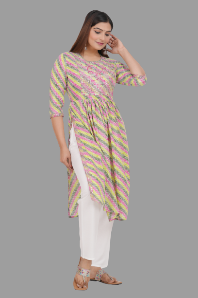House of RP Women's Light Green Cotton Laheriya Print Embroidered Flared Kurta | Swadesiicart