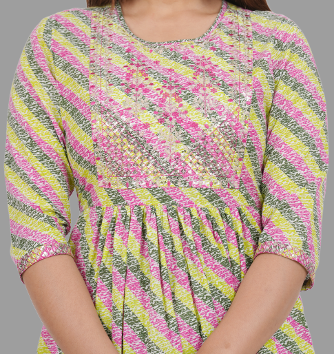 House of RP Women's Light Green Cotton Laheriya Print Embroidered Flared Kurta | Swadesiicart