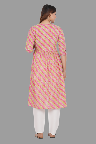 House of RP Women's Pink Cotton Laheriya Print Embroidered Flared Kurta | Swadesiicart
