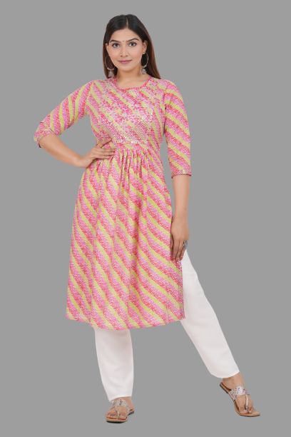 House of RP Women's Pink Cotton Laheriya Print Embroidered Flared Kurta | Swadesiicart