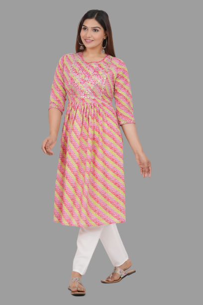 House of RP Women's Pink Cotton Laheriya Print Embroidered Flared Kurta | Swadesiicart