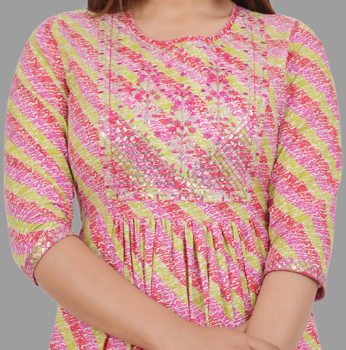 House of RP Women's Pink Cotton Laheriya Print Embroidered Flared Kurta | Swadesiicart