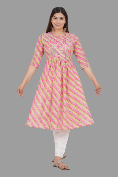 House of RP Women's Pink Cotton Laheriya Print Embroidered Flared Kurta | Swadesiicart