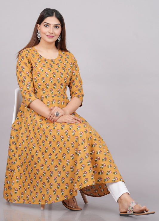 House of RP Women Mustard Cotton Floral Print Anarkali Kurta | Swadesiicart