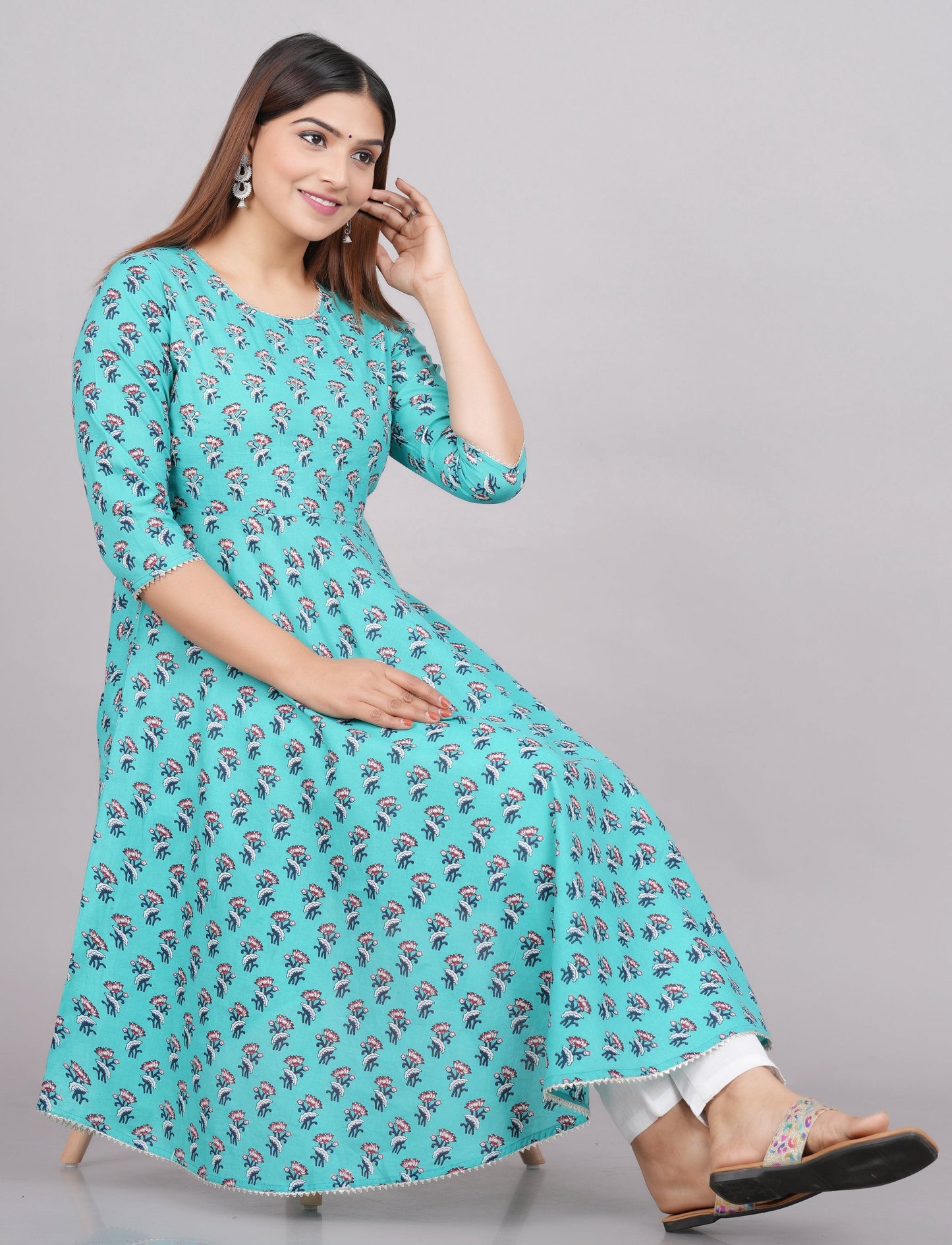 House of RP Women Turquoise Cotton Floral Print Anarkali Kurta | Swadesiicart