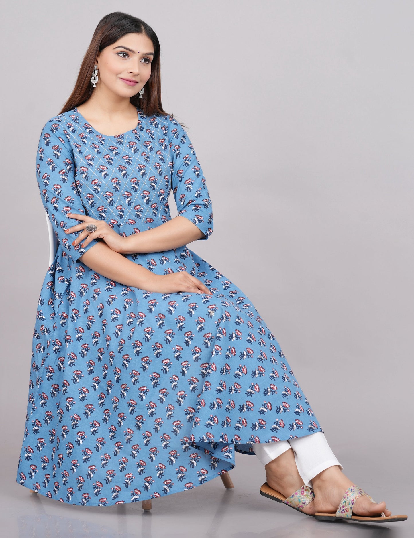 House of RP Women Aqua Blue Cotton Floral Print Anarkali Kurta | Swadesiicart
