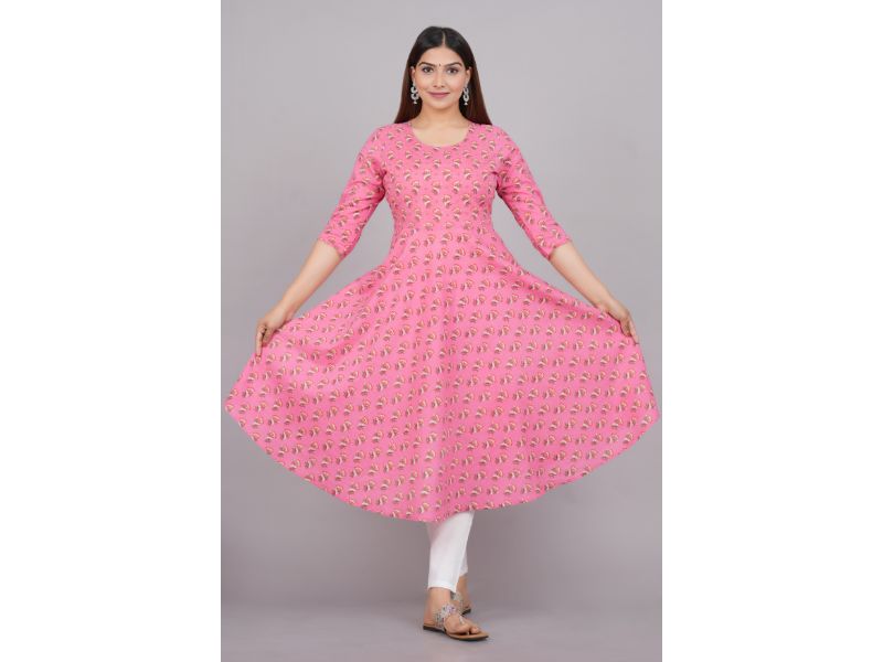 House of RP Women Pink Cotton Floral Print Anarkali Kurta | Swadesiicart