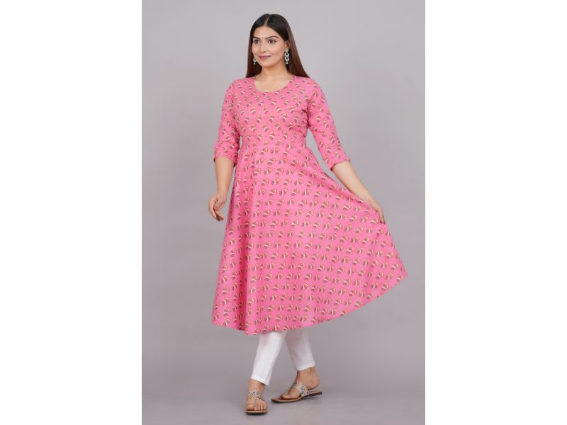 House of RP Women Pink Cotton Floral Print Anarkali Kurta | Swadesiicart